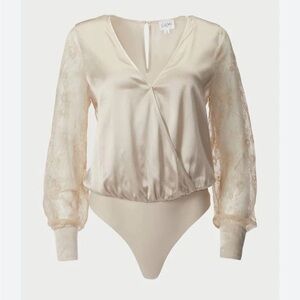 CAMI NYC Bette Silk Surplice Bodysuit Lace Long Sleeve Oat Champagne Size Medium